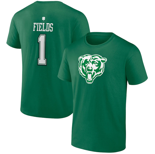 Men's Chicago Bears #1 Justin Fields Green St. Patrick's Day Icon Player T-Shirt Men's Chicago Bears #1 Justin Fields Green St. Patrick's Day Icon Player T-Shirt